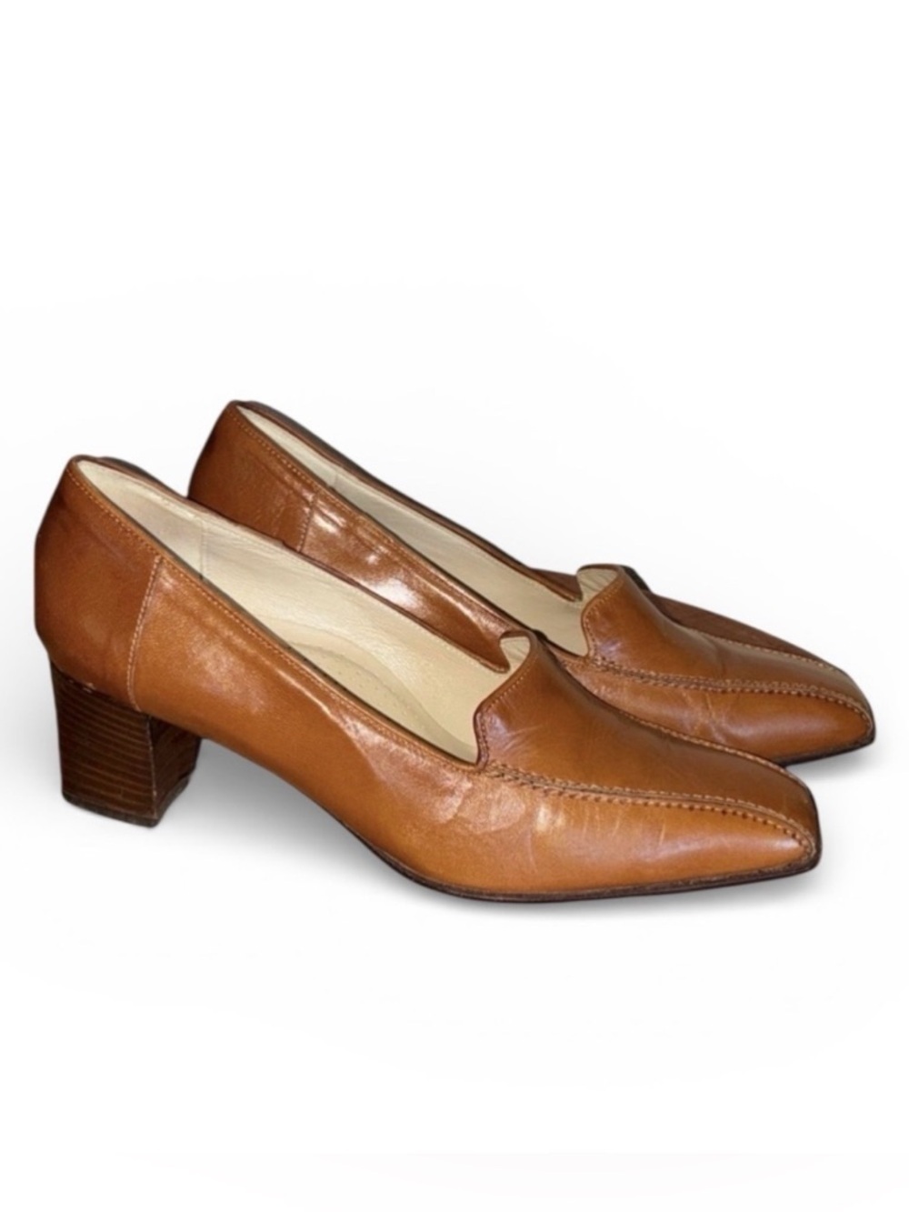 Elli Barbizzi Pumps, 38, Sleek caramel brown Italian Leather, Block Heels. EUC